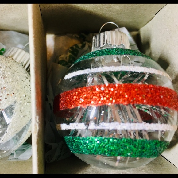 12 Christmas Radko Clear Glass Ball Ornaments Tinsel & Snow Glitter Stripes - Picture 3 of 9